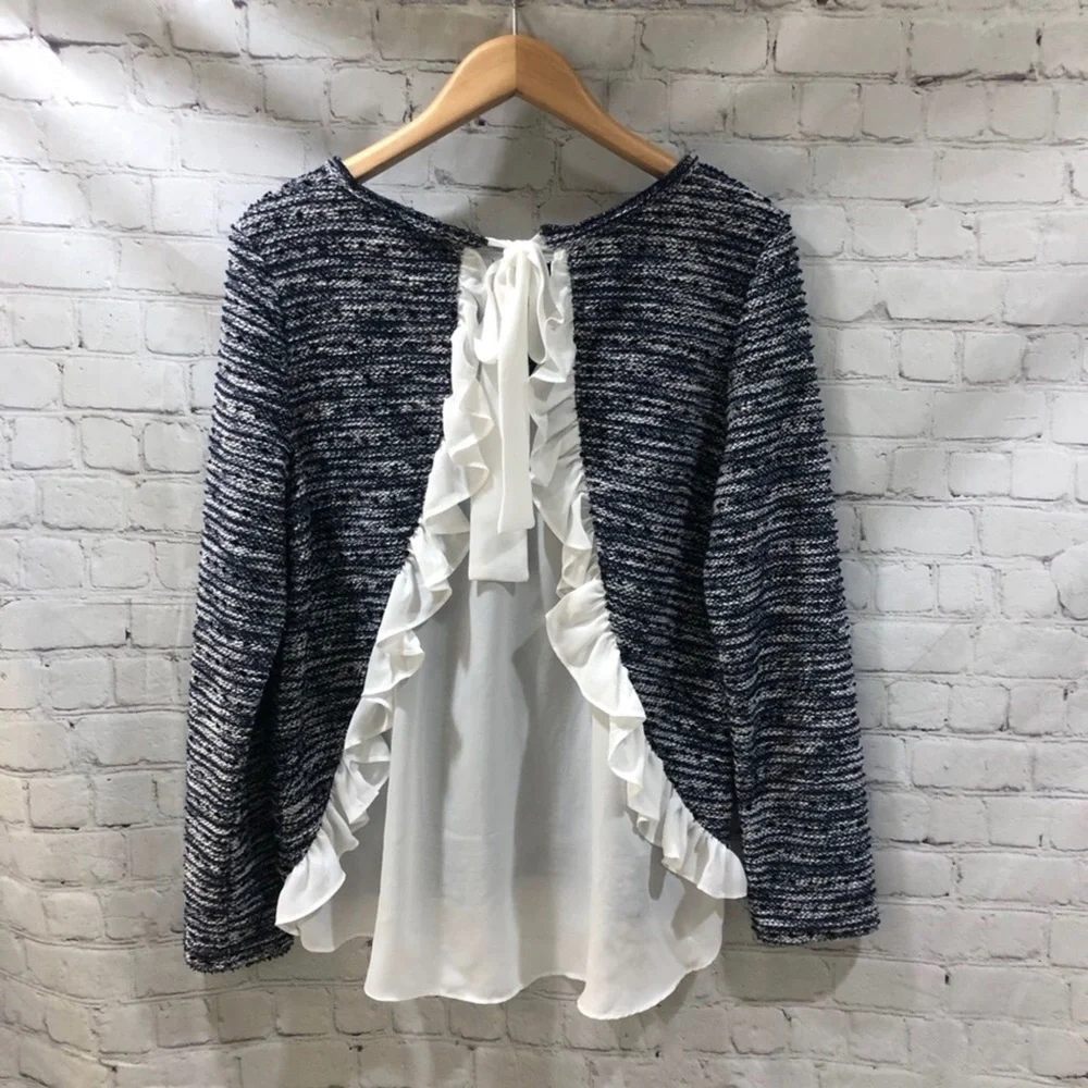 Melloday Top Ruffle Back Faux Blouse Blue White Size Large - Picture 4 of 9